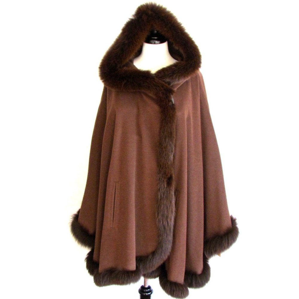 Women's Capes Shawls Fox Fur Capes Designer Chocolate Brown Wool Blend Hooded